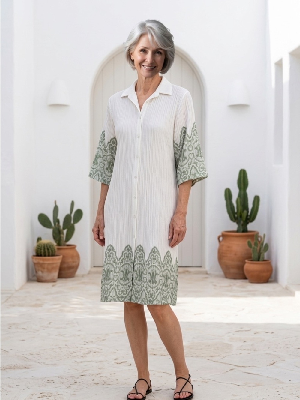 Spighe Di Lino Italy Shirt Dress with Sage Green Trim